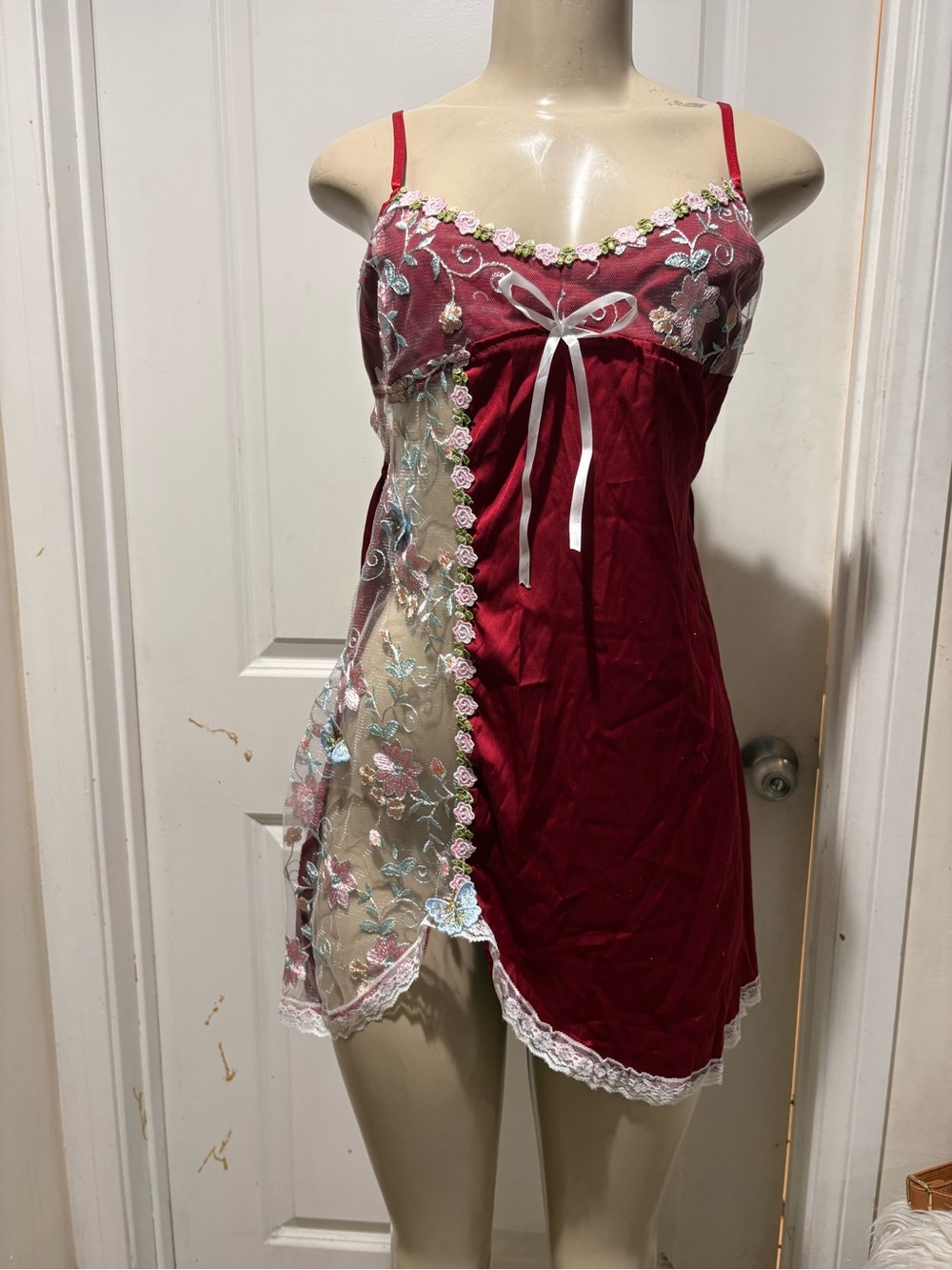 Elegant Women's Lace Trim Chemise - red baby doll gown only